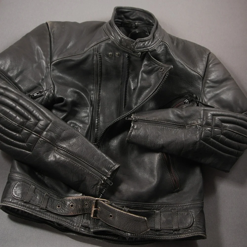 Motoport USA Asymmetrical Zip Flame Patch Men Leather Jacket 42 Cafe Moto Racer